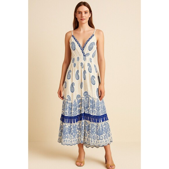 Anthropologie Me 2 Magic Women's Maxi Dress Blue Vicose 1X Floral Boho Peasant - Picture 1 of 12